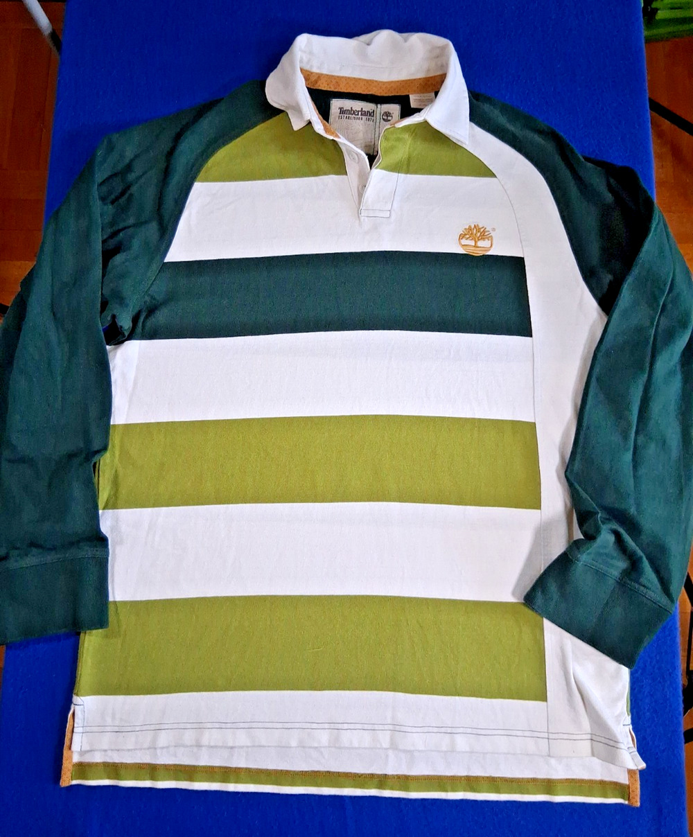 Vintage Timberland Rugby Shirt Men XL Green White Stripe Long Sleeve Polo Cotton